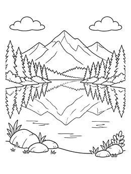 Free printable Mountain Lake Reflection Landscape coloring page