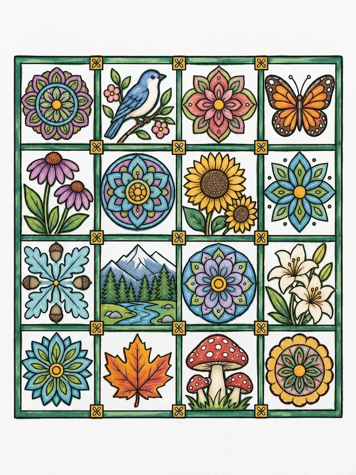 Colored example of the Nature Patchwork Grid Mural coloring page