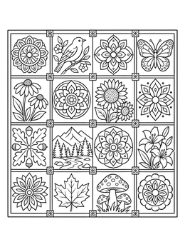 A decorative tiled mural coloring page featuring flowers, mandalas, a bird, and nature motifs in squares.