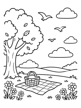 A peaceful nature coloring page with a picnic blanket, basket, oak tree, and birds.