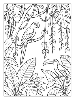 A parrot and a toucan perched amid lush jungle leaves on this nature coloring page.