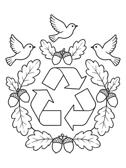 A nature-themed recycling coloring page with oak leaves, acorns, and flying birds.