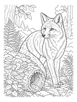 An alert red fox stands near a hollow log in this detailed nature coloring page.