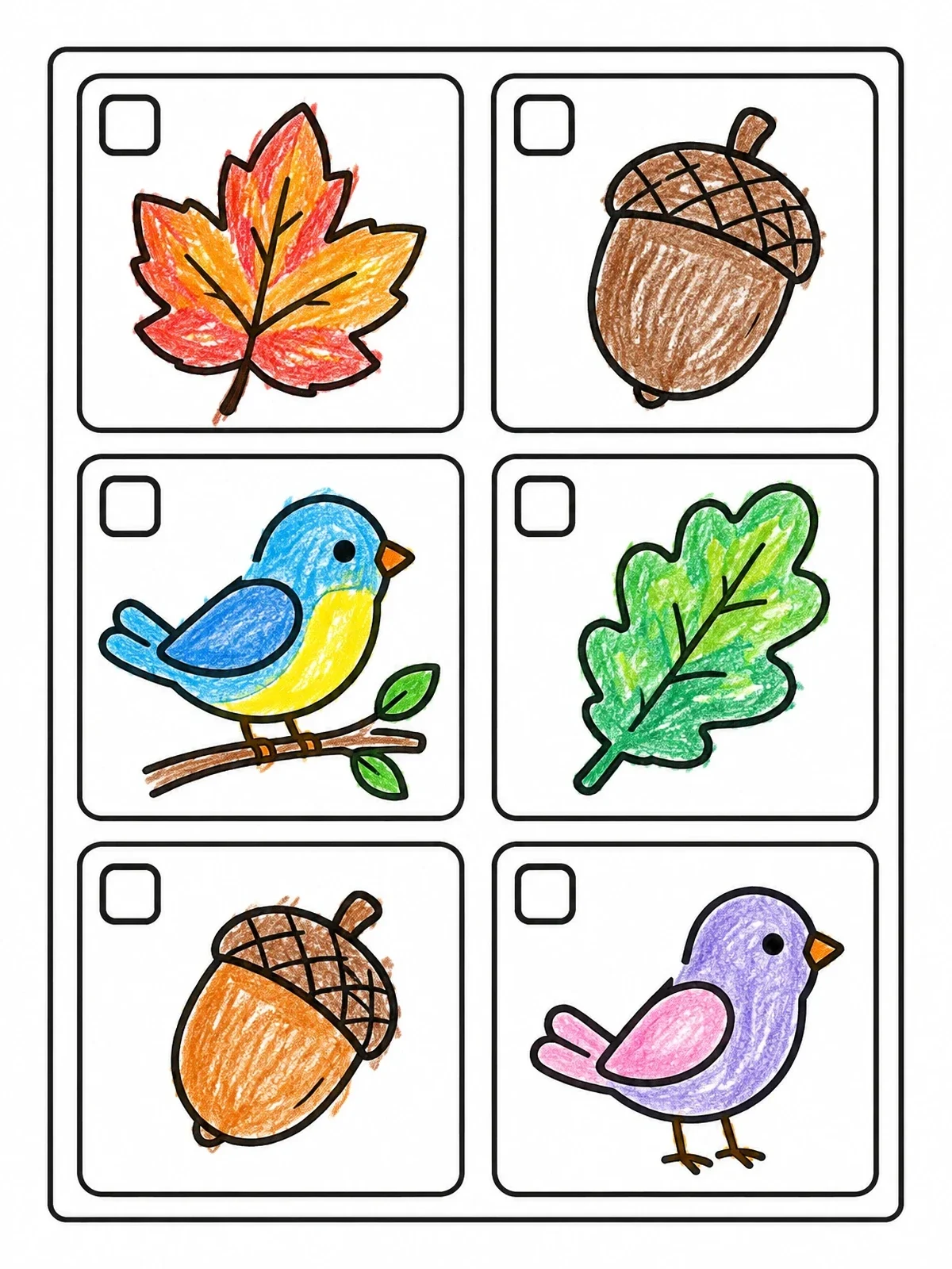Colored example of the Nature Scavenger Hunt Checklist coloring page