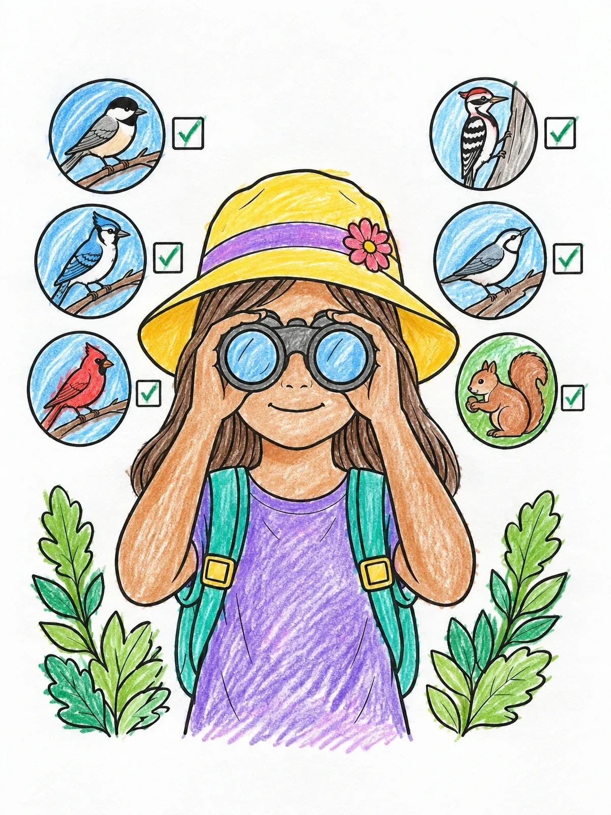 Colored example of the Nature Scavenger Hunt With Binoculars coloring page