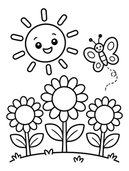 Free printable Smiling Sun And Cheerful Sunflowers coloring page
