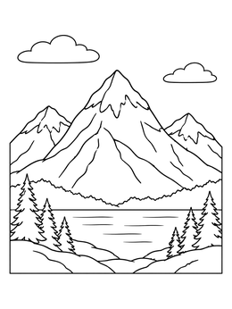 Snowy mountain peaks and a serene lake in this nature coloring page.