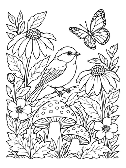 A small bird, butterfly, and wild mushrooms feature in this nature coloring page.