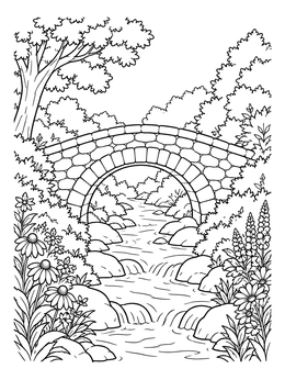 An arched stone footbridge over a flowing stream in this nature coloring page.