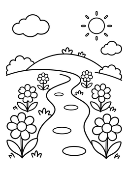 A winding path lined with daisies on a sunny nature coloring page.