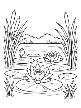 A nature coloring page featuring blooming water lilies, floating pads, and tall cattail reeds in a calm pond.