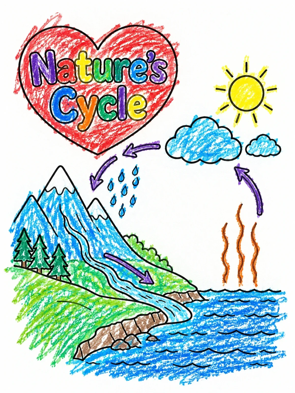 Colored example of the Nature's Water Cycle Diagram coloring page