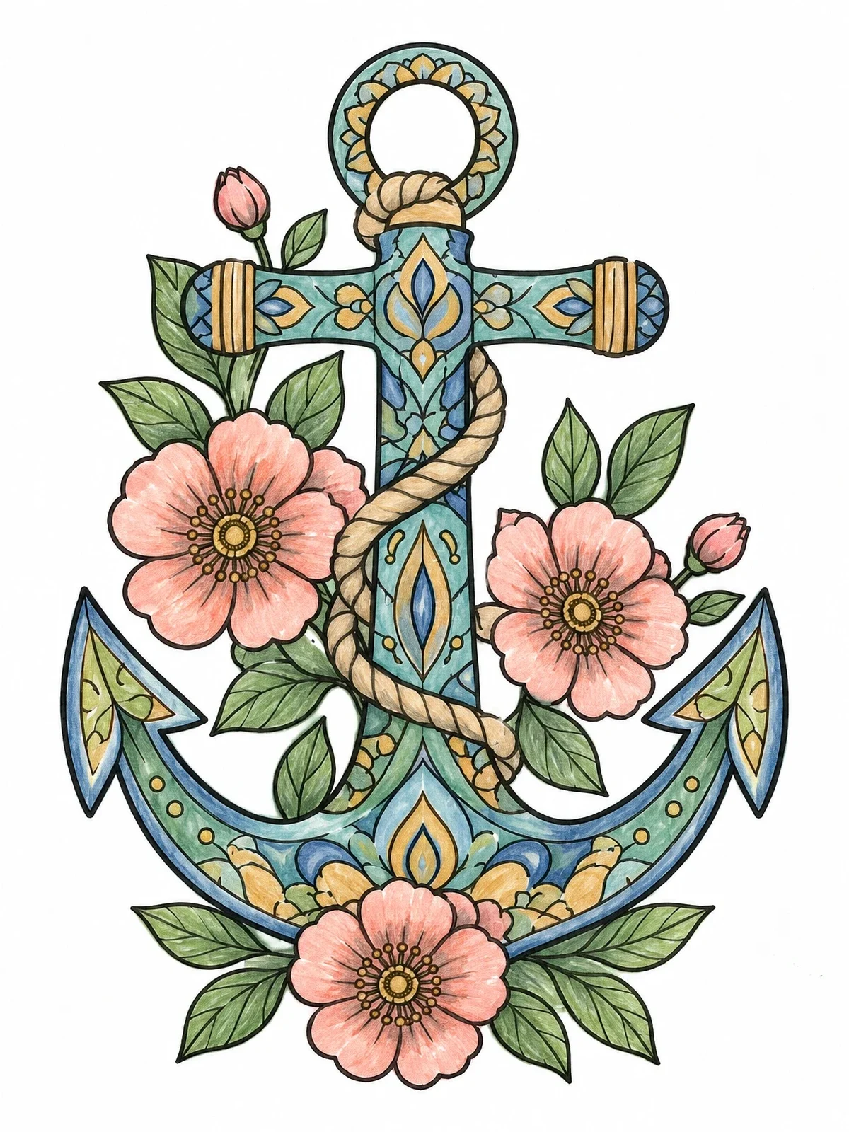 Colored example of the Nautical Anchor With Blooming Flowers coloring page