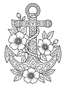 Free printable Nautical Anchor With Blooming Flowers coloring page
