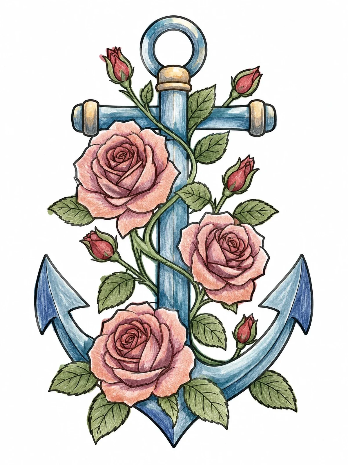 Colored example of the Nautical Anchor With Blooming Roses coloring page
