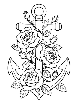 Free printable Nautical Anchor With Blooming Roses coloring page