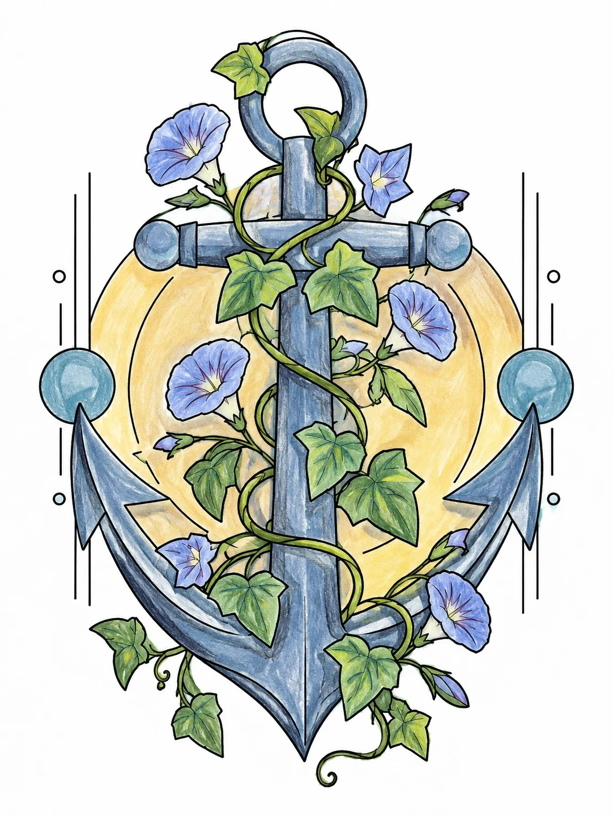 Colored example of the Nautical Anchor With Ivy And Morning Glories coloring page