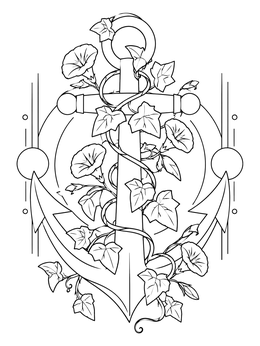 Detailed anchor coloring page entwined with leafy ivy vines and morning glory blossoms.