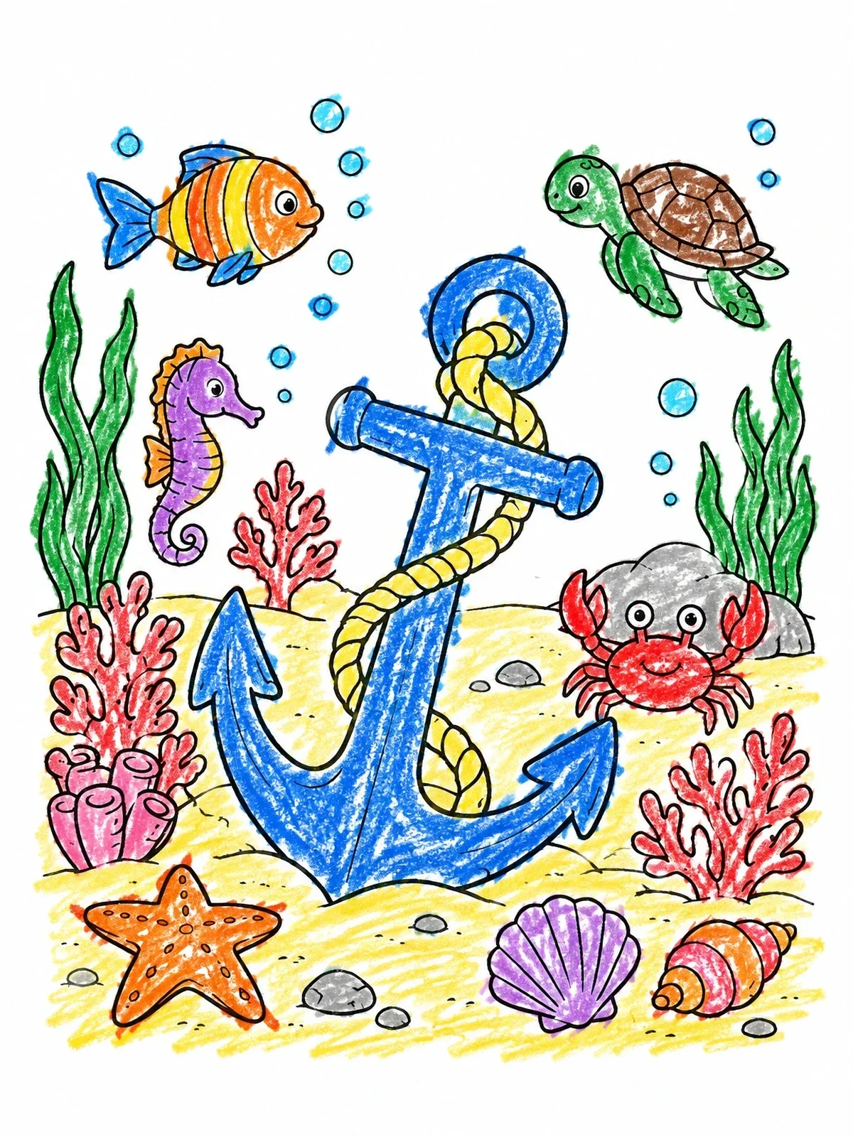Colored example of the Nautical Anchor On The Ocean Floor coloring page