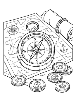 A vintage compass rests on a sea map with coins in this pirate coloring page.
