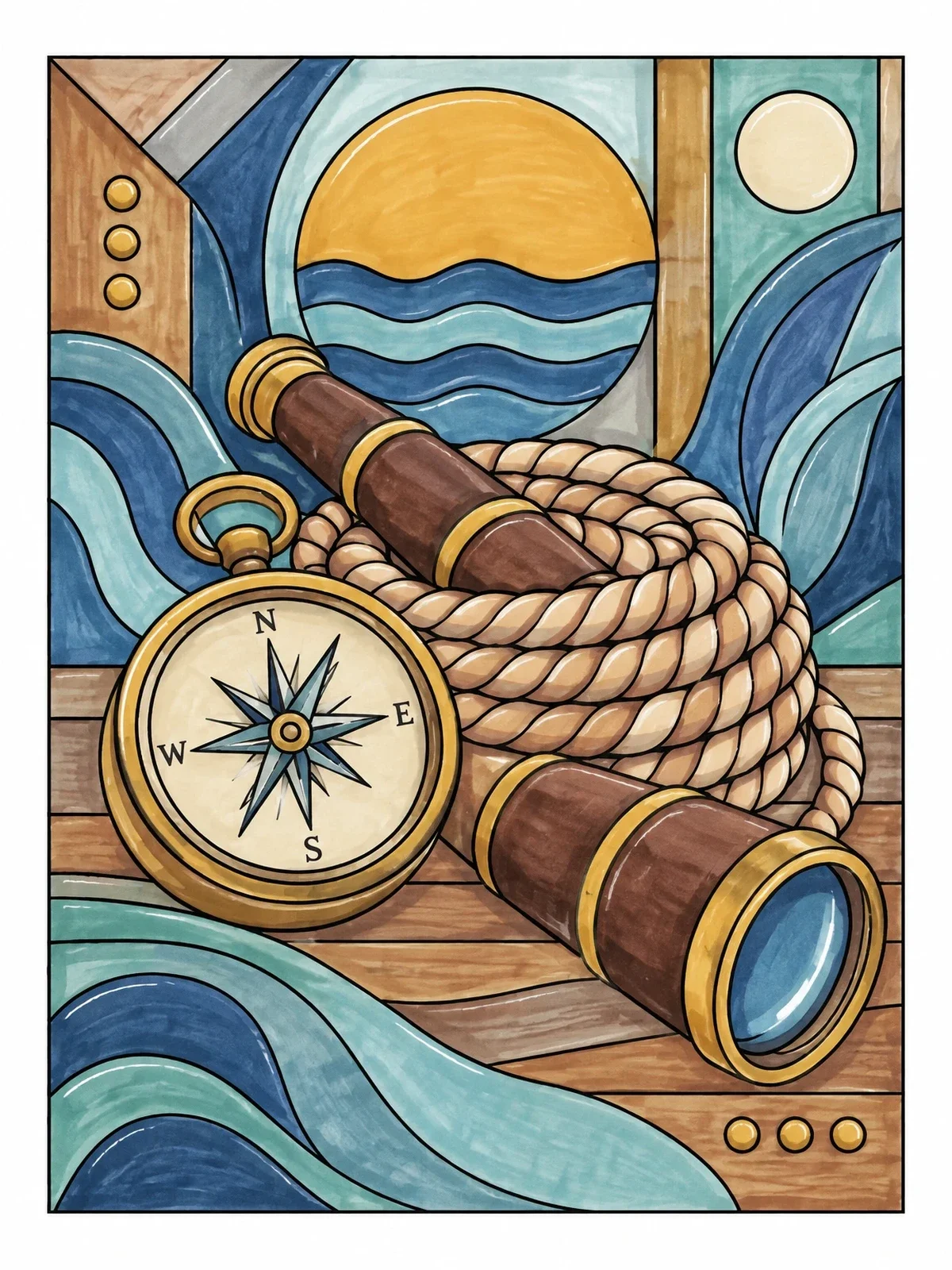 Colored example of the Nautical Compass With Spyglass And Rope coloring page