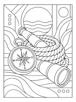 A detailed compass coloring page featuring a pocket compass, spyglass, and coiled rope.