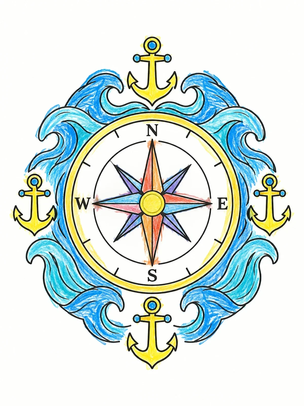 Colored example of the Nautical Compass With Waves And Anchors coloring page