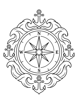 Free printable Nautical Compass With Waves And Anchors coloring page