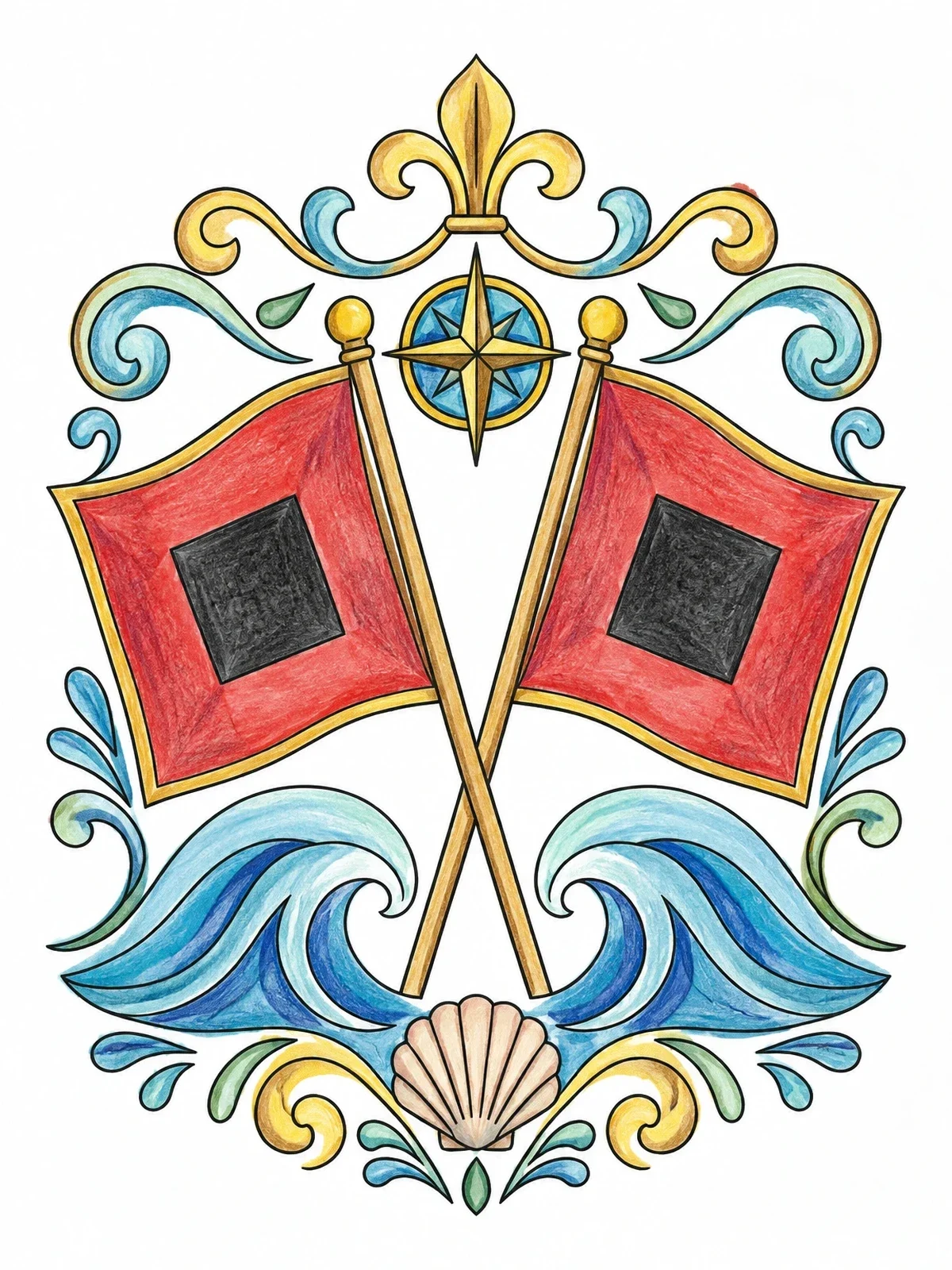 Colored example of the Nautical Hurricane Warning Flags Emblem coloring page