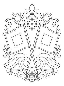 An ornate hurricane coloring page featuring crossed storm warning flags and waves.