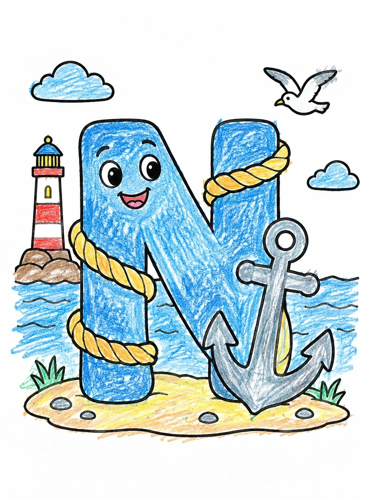 Colored example of the Nautical Letter N With Anchor coloring page