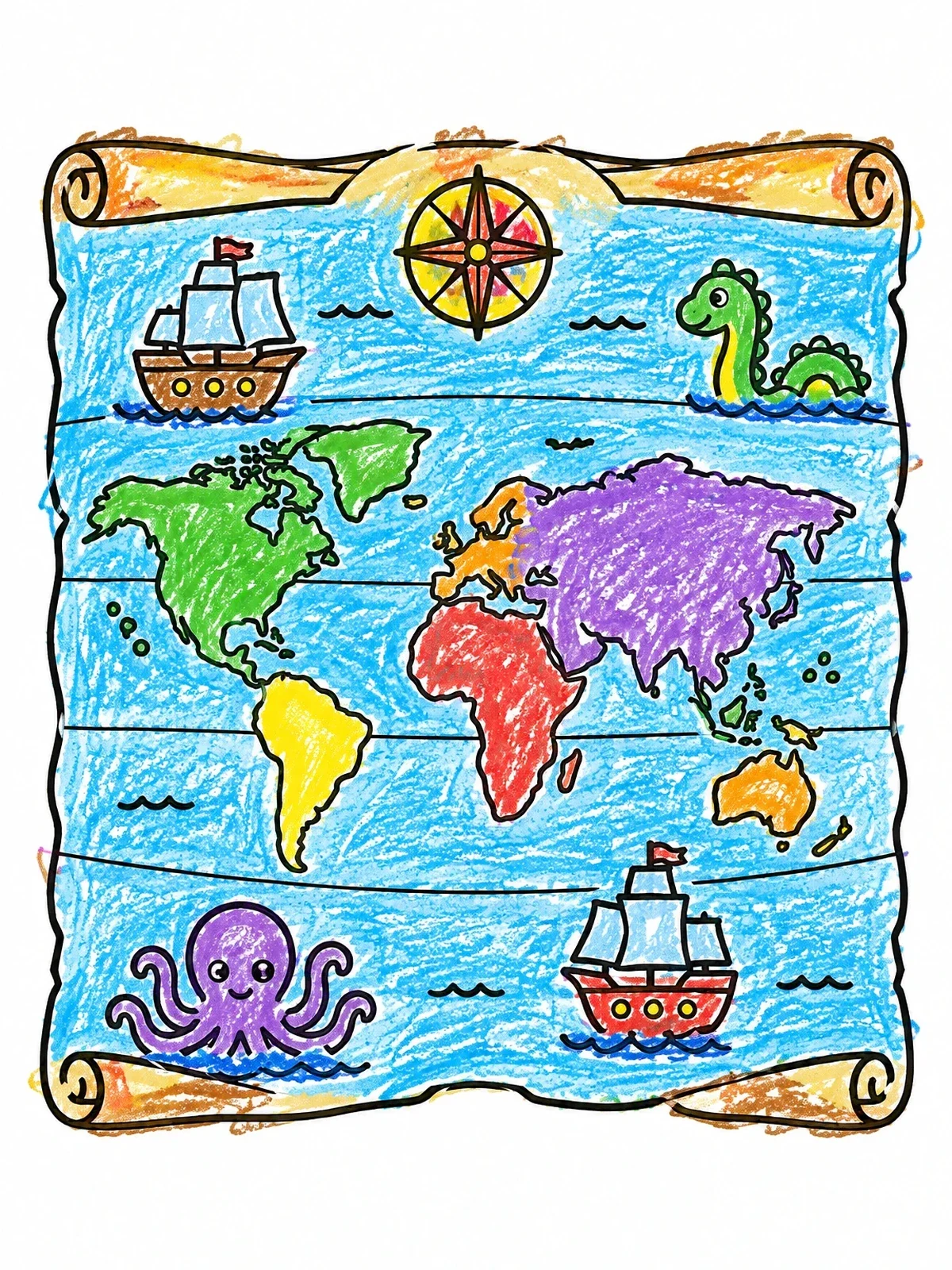 Colored example of the Nautical World Map Scroll coloring page