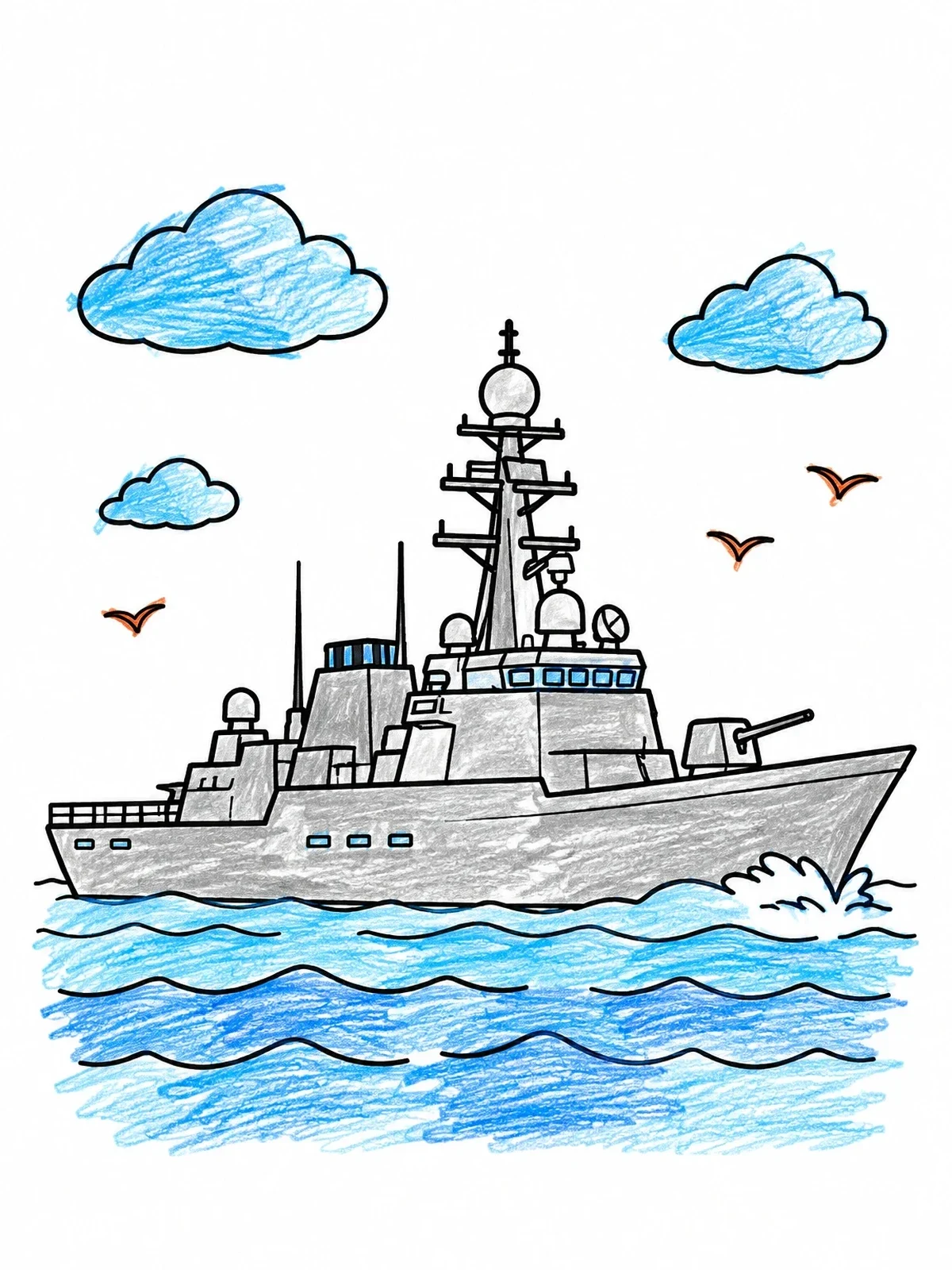 Colored example of the Naval Destroyer Sailing The Sea coloring page