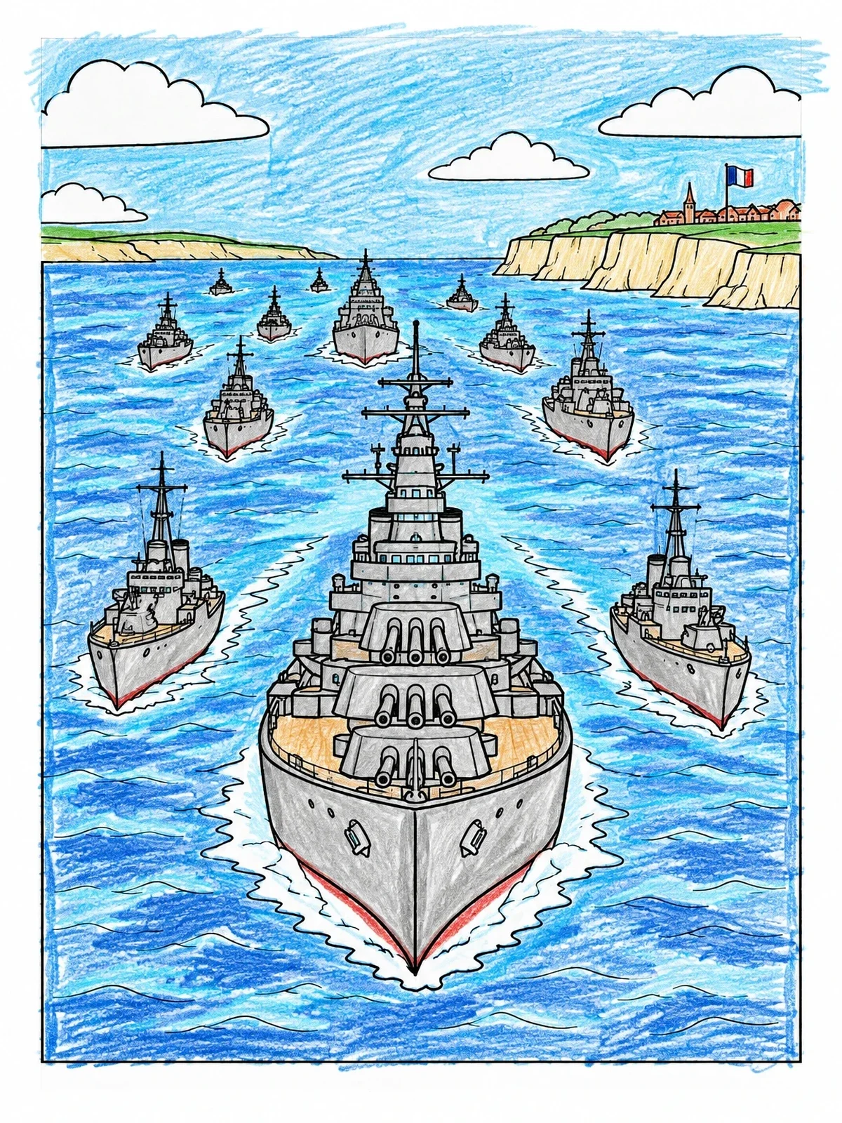 Colored example of the Naval Fleet Approaching Normandy Coast coloring page