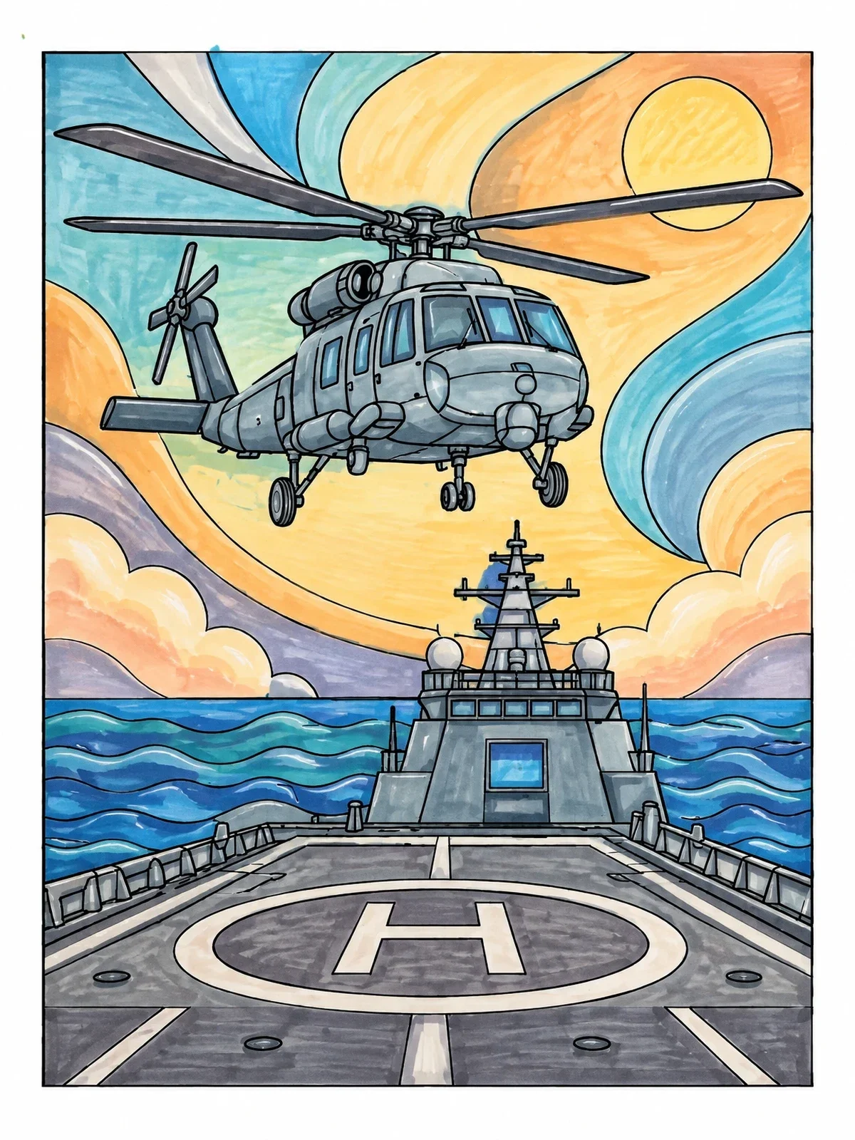 Colored example of the Naval Helicopter Landing On Battleship Deck coloring page