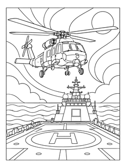 A naval helicopter coloring page showing an aircraft hovering above a ship helipad.