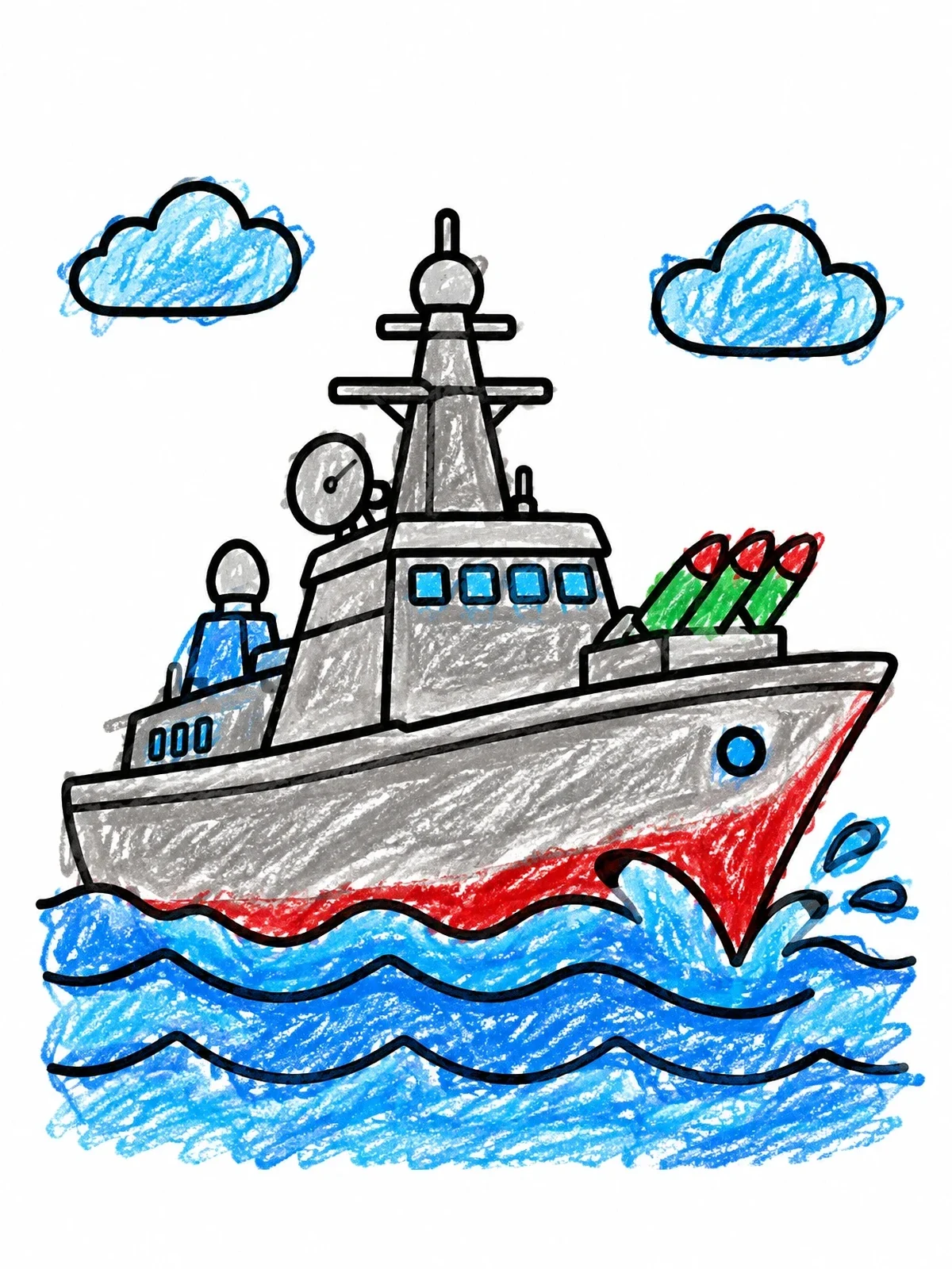 Colored example of the Naval Ship On Ocean Waves coloring page