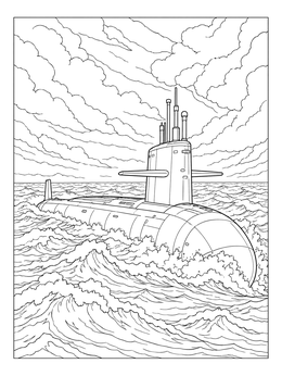 A detailed submarine coloring page navigating turbulent ocean waves beneath a cloudy sky.