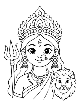 Free printable Cute Goddess Durga With Lion coloring page