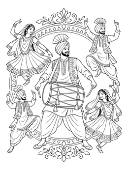 A dhol drummer surrounded by dancers in traditional attire on a detailed navratri coloring page.