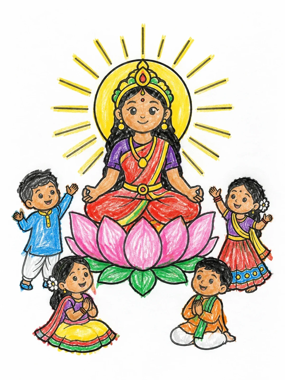 Colored example of the Goddess Durga With Cheerful Children coloring page
