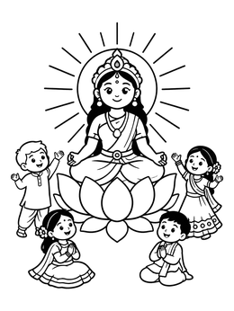 Free printable Goddess Durga With Cheerful Children coloring page