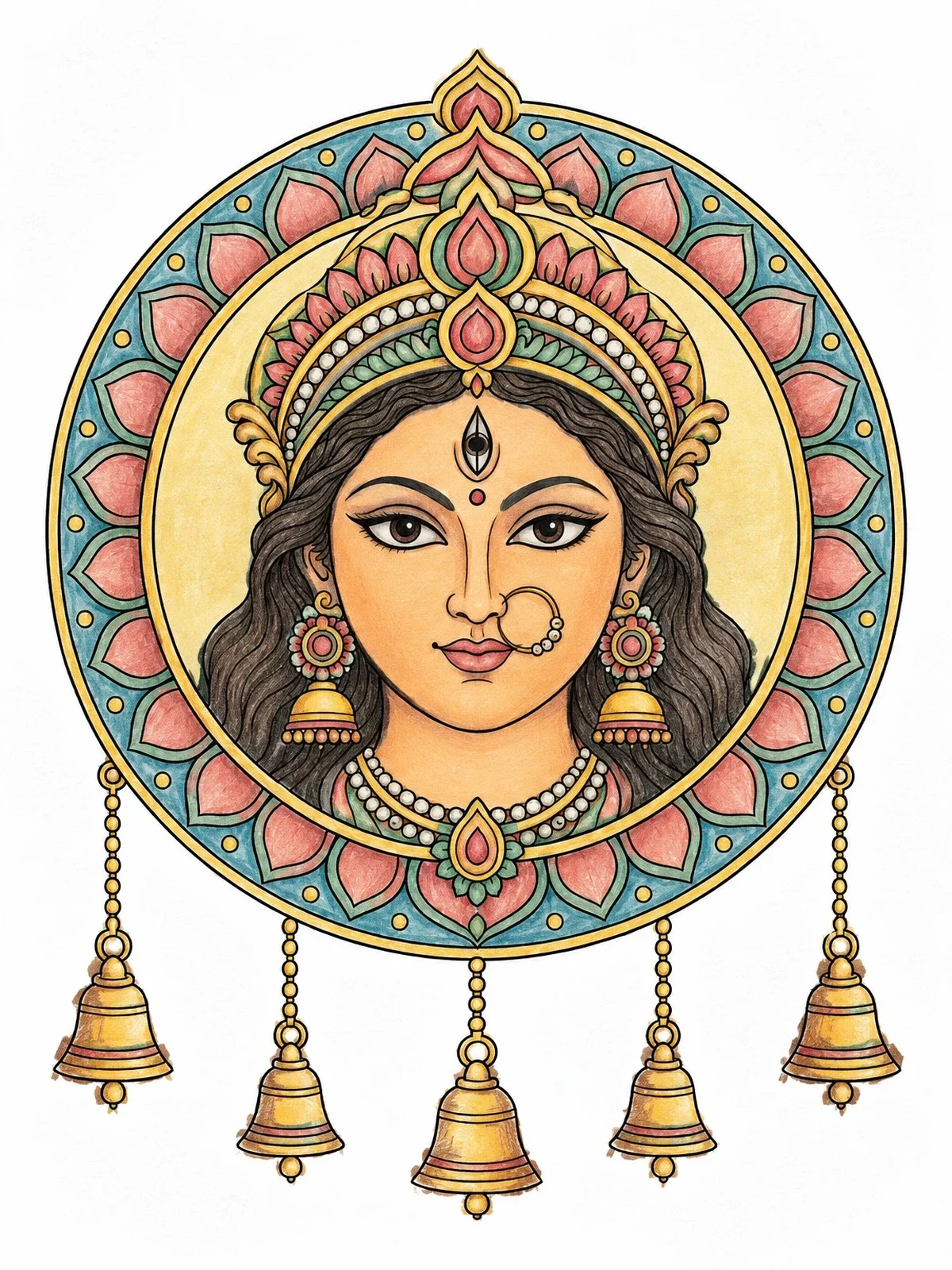 Colored example of the Goddess Durga Mandala With Bells coloring page
