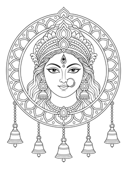 A navratri coloring page showcasing Goddess Durga inside a circular mandala adorned with hanging bells.