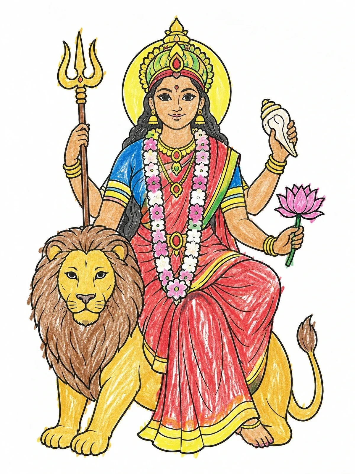 Colored example of the Goddess Durga On Lion coloring page