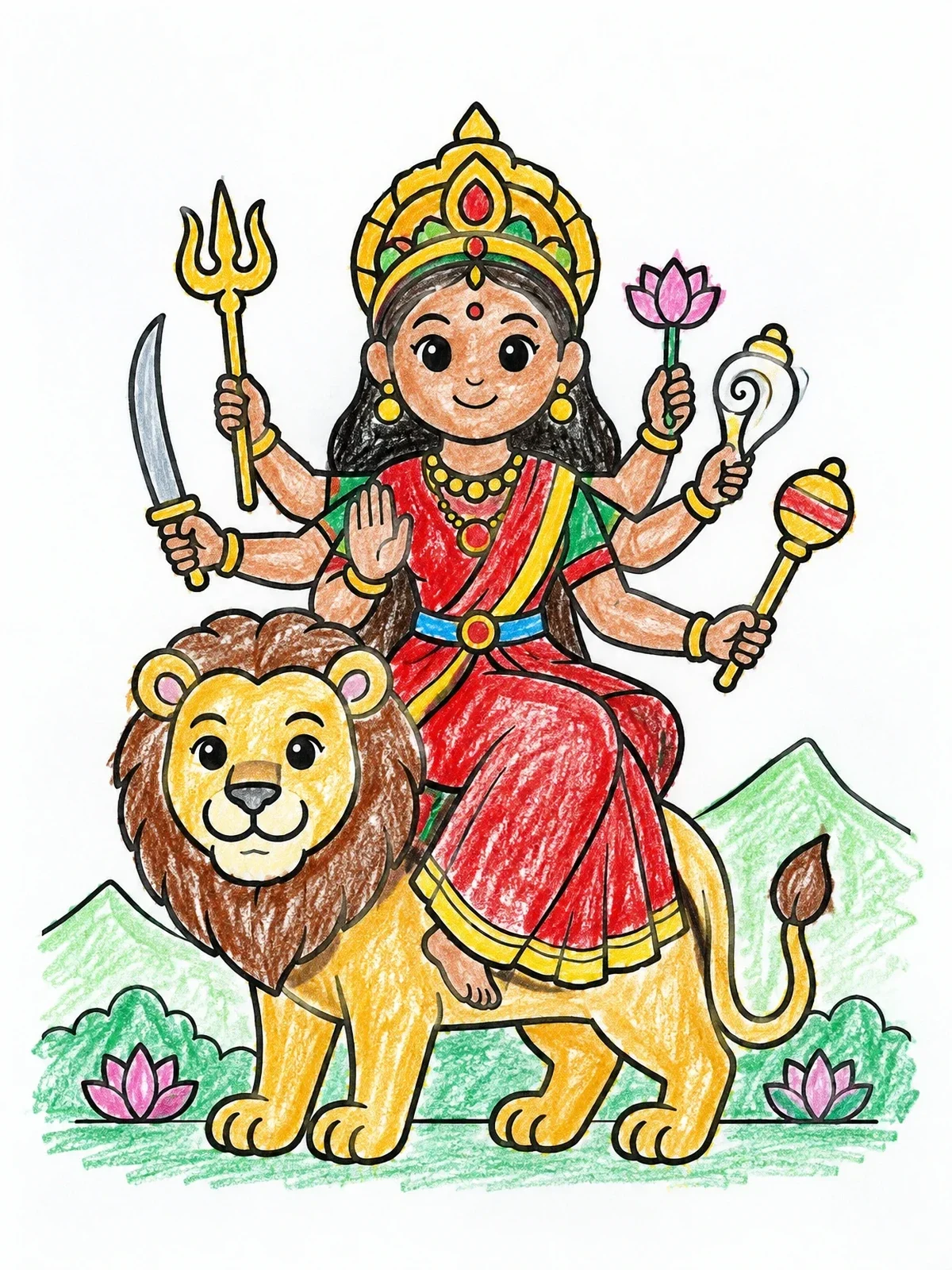 Colored example of the Goddess Durga Riding A Friendly Lion coloring page