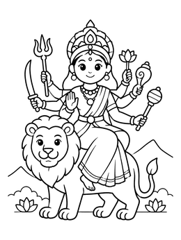 Free printable Goddess Durga Riding A Friendly Lion coloring page