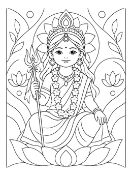 A young girl dressed as Goddess Durga holding a trident on this navratri coloring page.