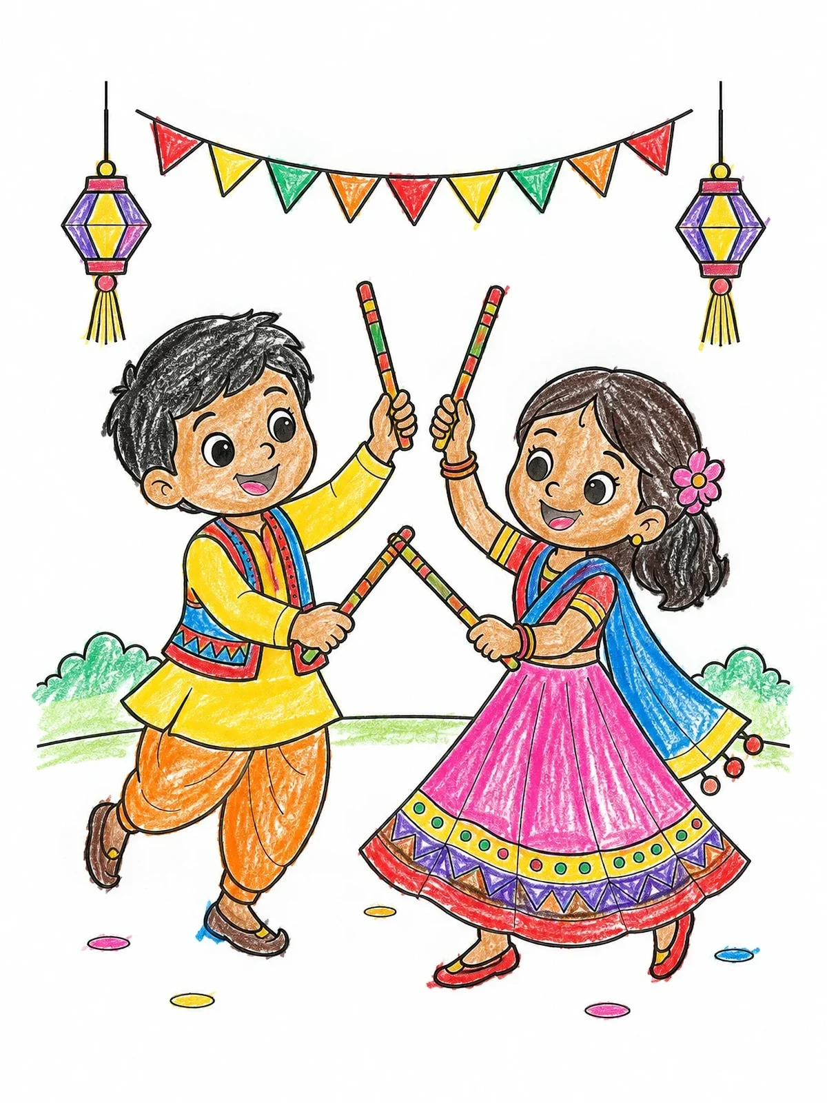 Colored example of the Children Dancing Dandiya For Navratri coloring page
