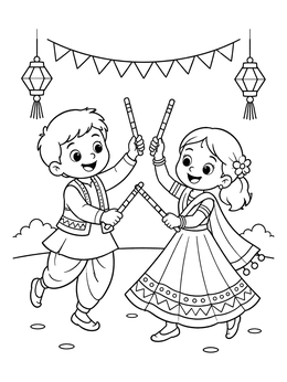 Free printable Children Dancing Dandiya For Navratri coloring page